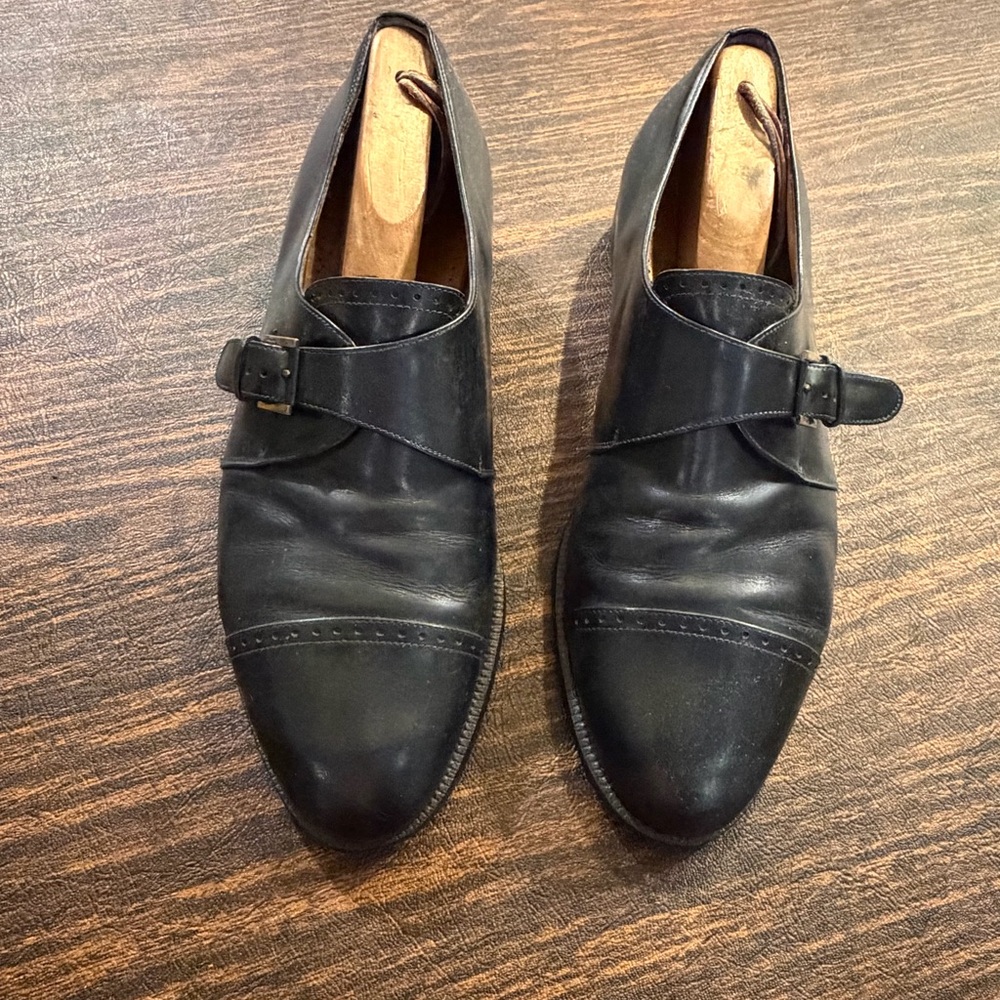 Salvatore Ferragamo Black Leather Single Monk Strap Oxfords